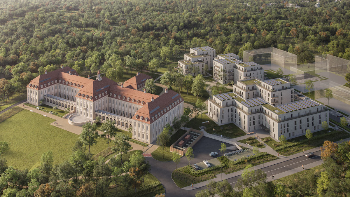 Musterbild von Plu Co mit  älterem historischem Gebäude, rechts davon sind Neubauten und angedeutete Planungen.