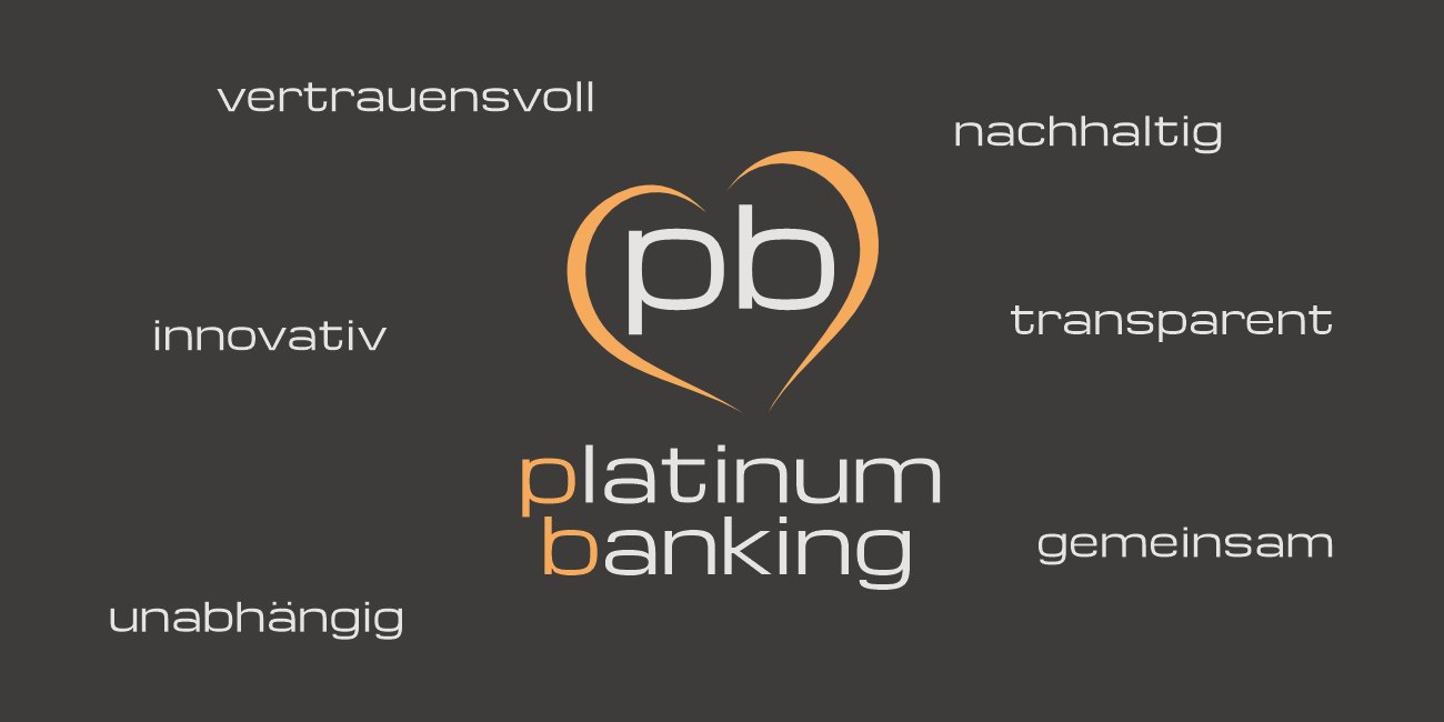 Logo platinum banking. Wörter umschreiben das Herz: vertrauensvoll nachhaltig innovativ transparent unabhängig gemeinsam