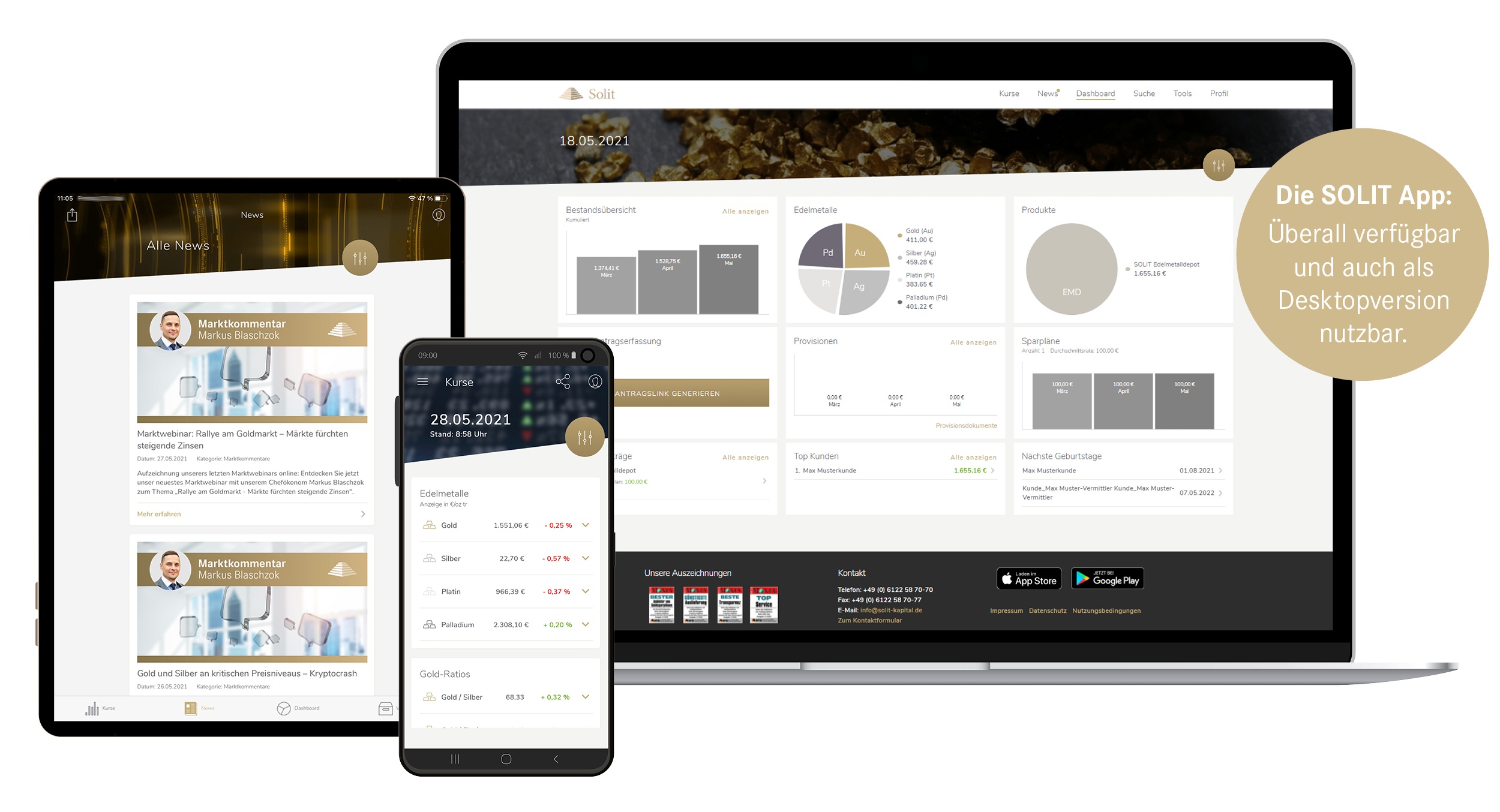 Abbildung der SOLIT-App auf Tablet, Smartphone und Desktop. Unterschiedliche Ausschnitte sind erkennbar. Die SOLIT-APP: Überall verfügbar und auch als Desktopversion nutzbar.