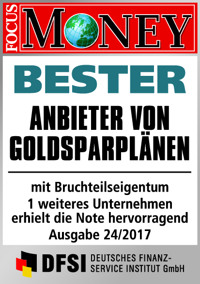 Auszeichnung Focus Money: Bester Anbieter von Goldsparplänen mit Bruchteilseigentum, 1 weiteres Unternehmen erhielt die Note hervorragend, Ausgabe 24/2017 DFSI Deutsches Finanz-Service Institut GmbH 