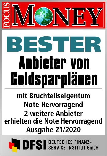 Auszeichnung Focus Money: Bester Anbieter von Goldsparplänen mit Bruchteilseigentum, Note Hervorragend, 2 weitere Anbieter erhielten die Note Hervorragend, Ausgabe 21/2020 DFSI Deutsches Finanz-Service Institut GmbH 