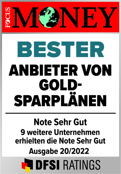 Auszeichnung Focus Money: Bester Anbieter von Goldsparplänen, Note Sehr gut, 9 weitere Unternehmen erhielten die Note Sehr Gut, Ausgabe 20/2022 DFSI Ratings