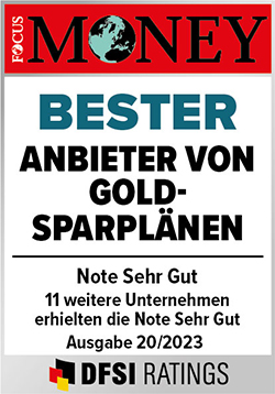 Auszeichnung Focus Money: Bester Anbieter von Goldsparplänen, Note Sehr gut, 11 weitere Unternehmen erhielten die Note Sehr Gut, Ausgabe 20/2023 DFSI Ratings