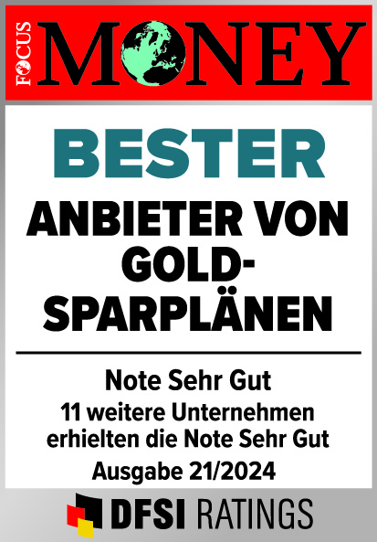 Auszeichnung Focus Money: Bester Anbieter von Goldsparplänen, Note Sehr gut, 11 weitere Unternehmen erhielten die Note Sehr Gut, Ausgabe 21/2024 DFSI Ratings