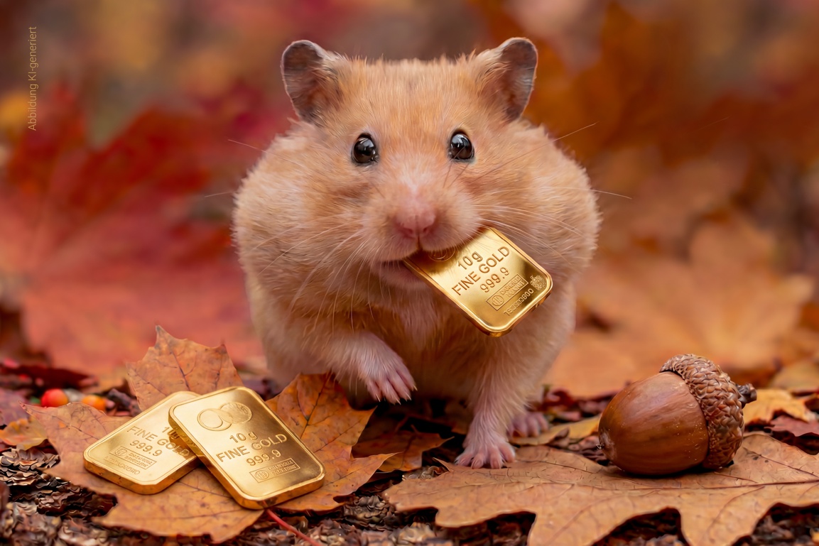 Hamster mit einem Goldbarren im Mund.